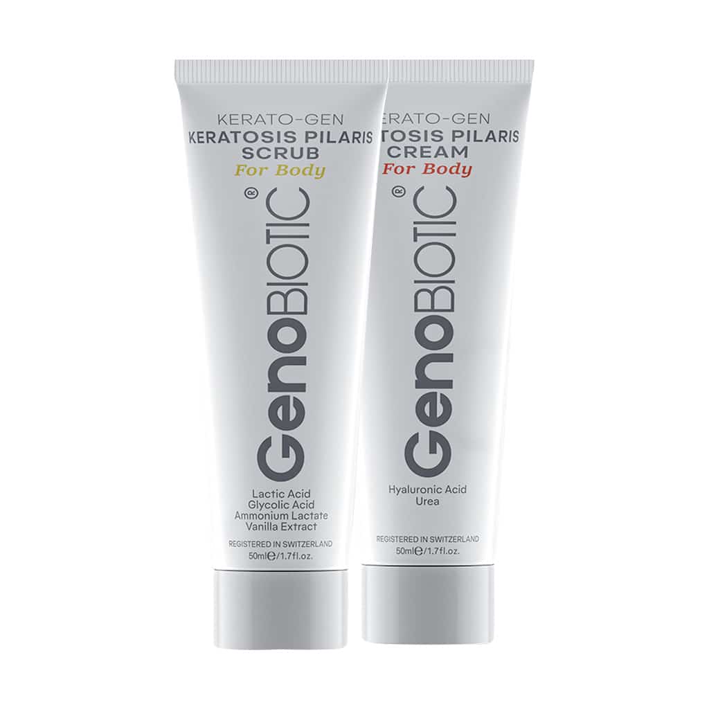 Genobiotic-Keratosis-Pilaris-Scrub-and-Cream-100 پک دو عددی اسکراب و کرم کنترل کننده پوست مرغی ژنوبایوتیک