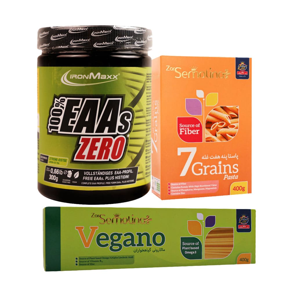 Pack-EAAs-And-Zar-Macaron-Pasta پک پودر ایی ای ای آیرون مکس با پاستا پنه هفت غله و اسپاگتی وگانو زرماکارون