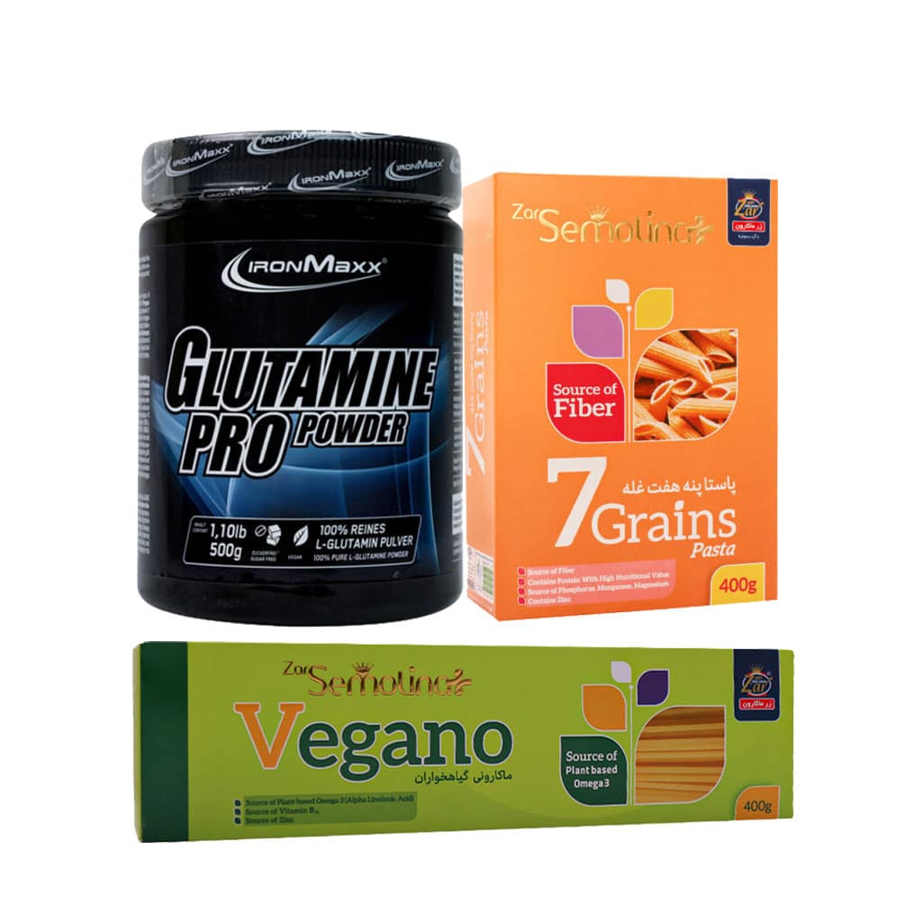 Pack-Glutamine-pro-And-Zar-Macaron-Pasta پک گلوتامین پرو آیرون مکس با پاستا پنه هفت غله و اسپاگتی وگانو زرماکارون
