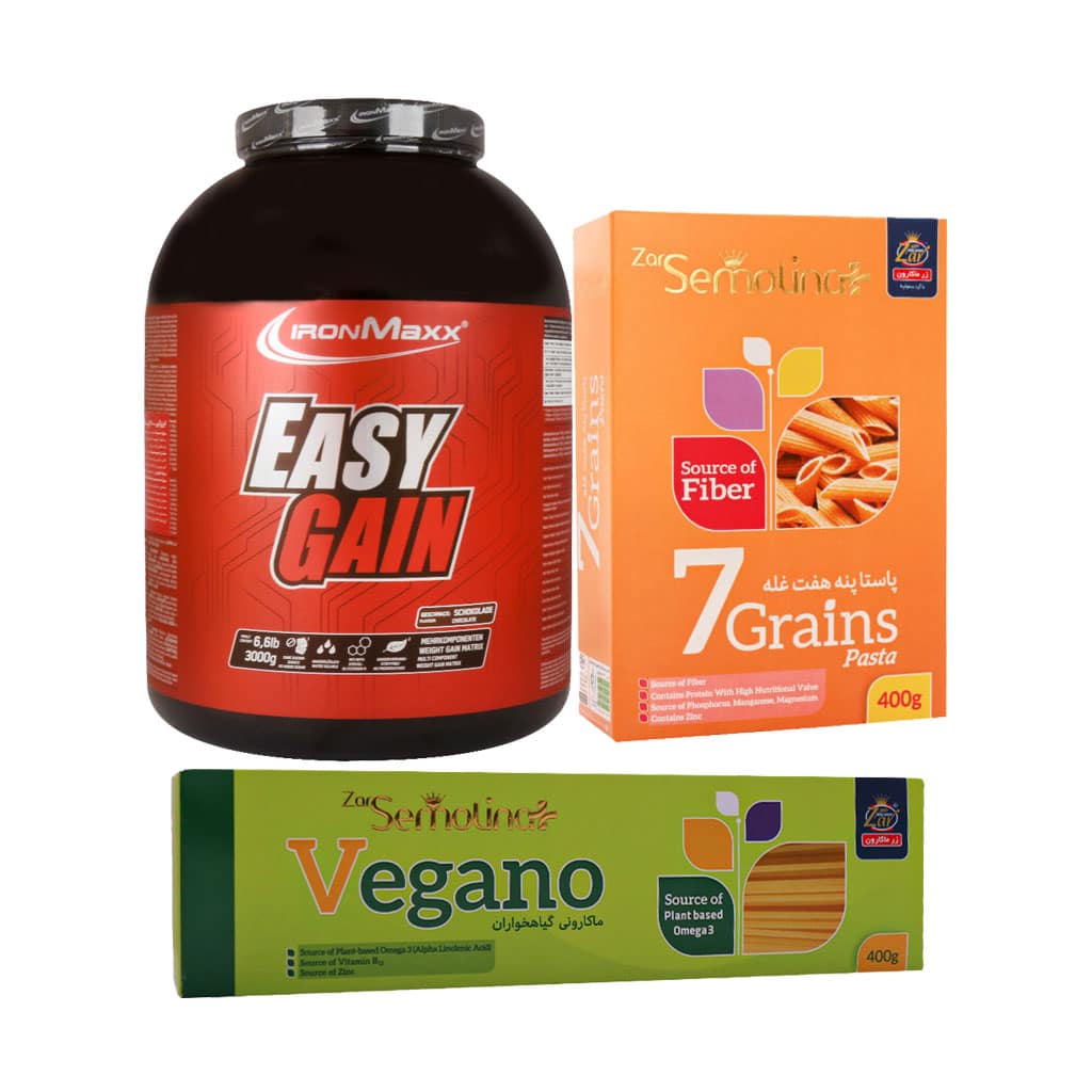 Pack-IRON-MAXX-Easy-Gain-And-Zar-Macaron-Pasta پک ایزی گین آیرون مکس با پاستا پنه هفت غله و اسپاگتی وگانو زر ماکارون