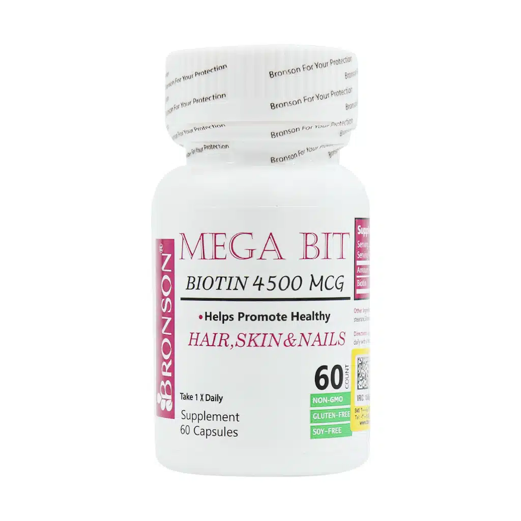 Bronson-Mega-Bit-4500-mcg-60-Capsules.jpg.webp کپسول بیوتین مگابیت 4500 میکروگرم برونسون 60 عدد